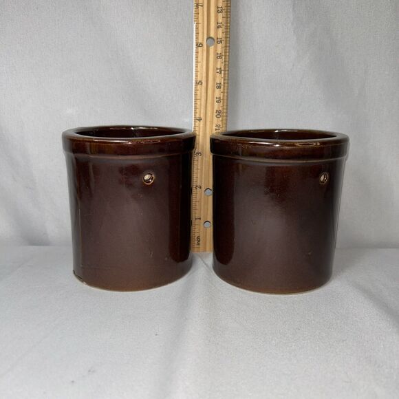 2 Vintage Unmarked Brown Glazed Crock Planter Mid Century Stoneware Pottery - Picture 1 of 12